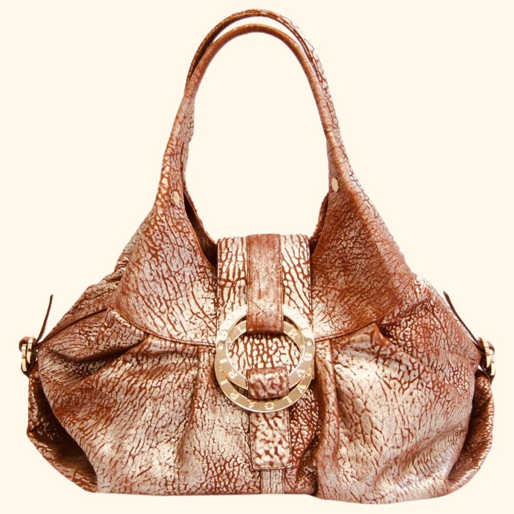 Bvlgari Chandra Leather Tote Bag Brown Silver Gold hardware with dust Bag card